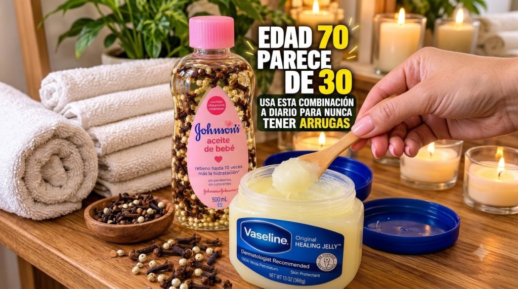 A bottle of Johnson s baby oil infused with cloves and white beads and a jar of Vaseline Original Healing Jelly with a w