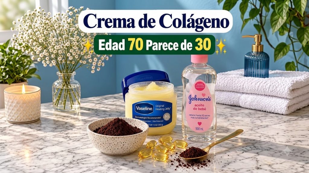 A still-life composition of beauty products including a jar of Vaseline baby oil a bowl of brown powder golden capsules 