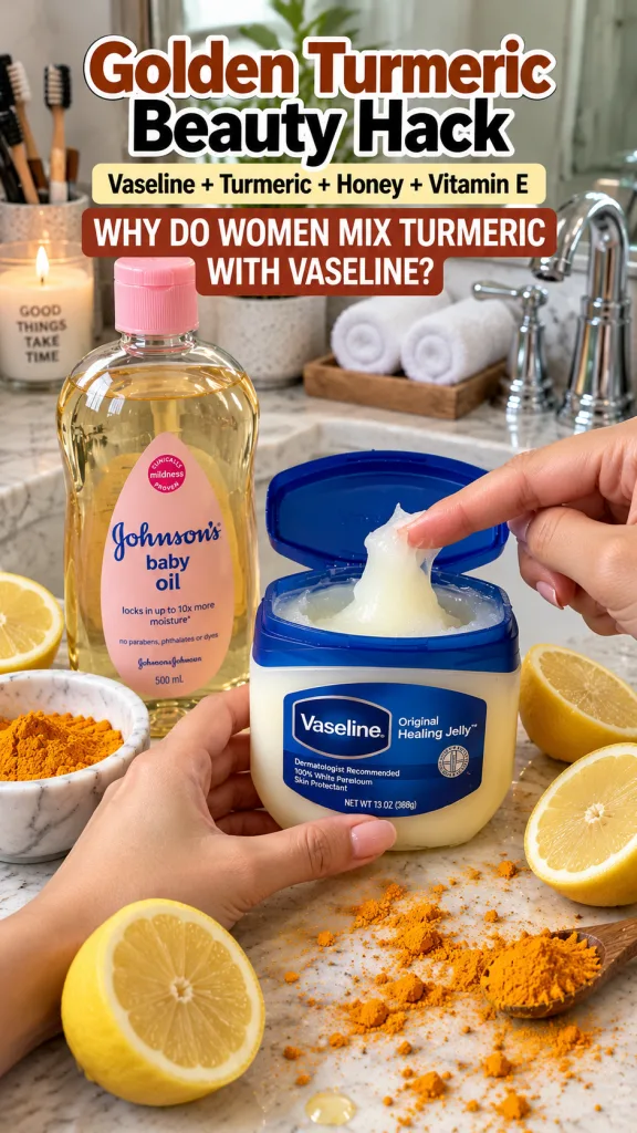 A close-up of a DIY beauty station featuring a tub of Vaseline a bowl of bright orange turmeric powder and fresh lemon h