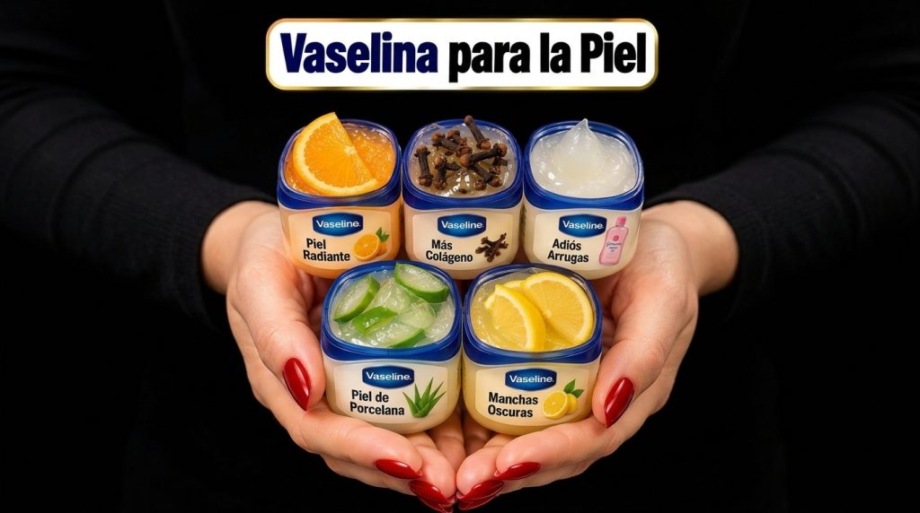 A pair of hands with polished red nails cradling five small Vaseline jars customized with natural ingredients like orang