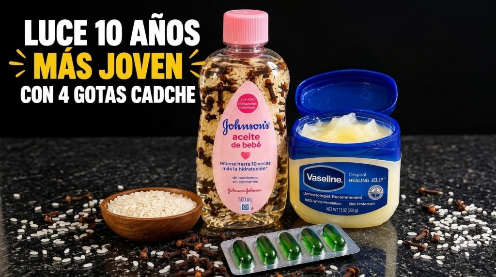 Una botella de aceite de bebé Johnson s un bote abierto de vaselina y un paquete de cápsulas de vitamina E rodeados de c