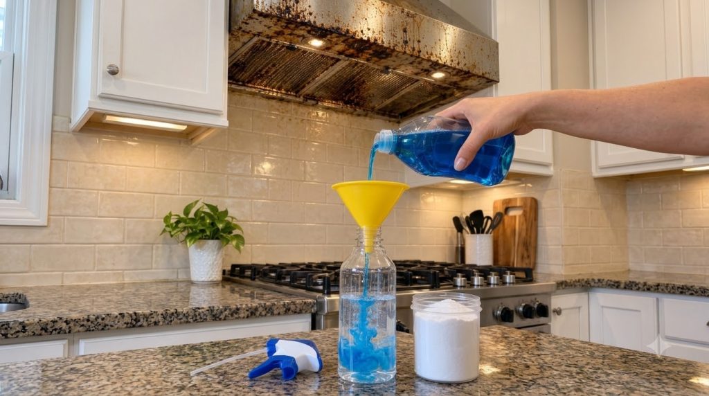 A hand is pouring blue dish soap through a yellow funnel into a clear spray bottle that already contains water The liqui