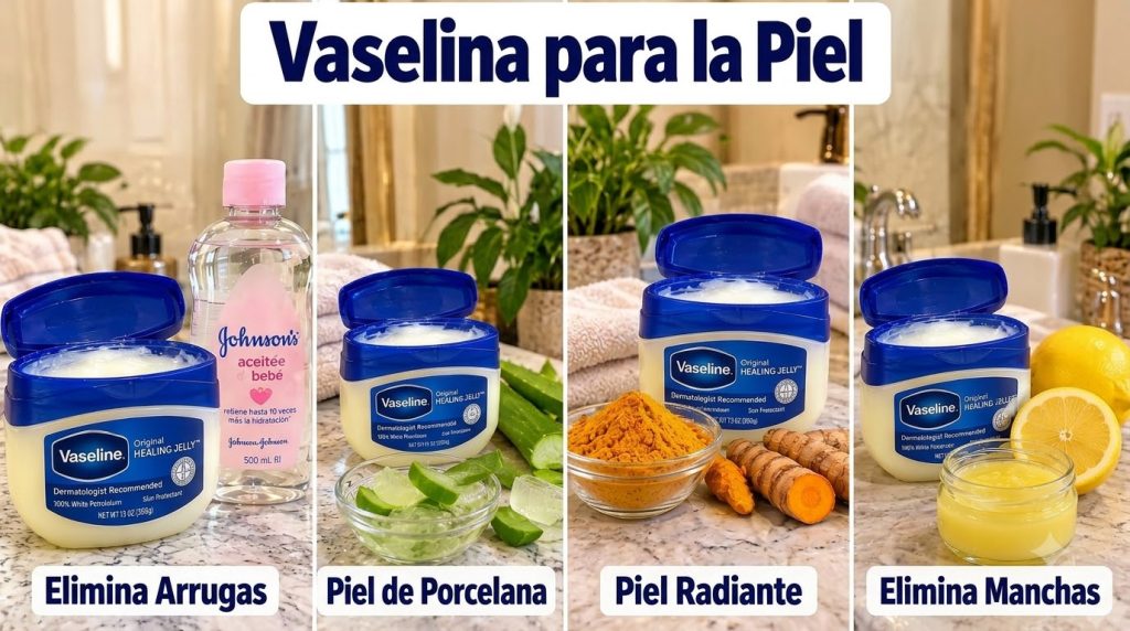A 2x2 grid showing Vaseline combined with different natural ingredients baby oil turmeric aloe vera and lemon Each squar