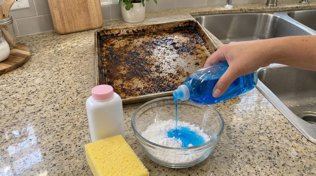 A hand pours blue dish soap into a glass bowl filled with white powder likely baby powder on a kitchen counter A yellow 