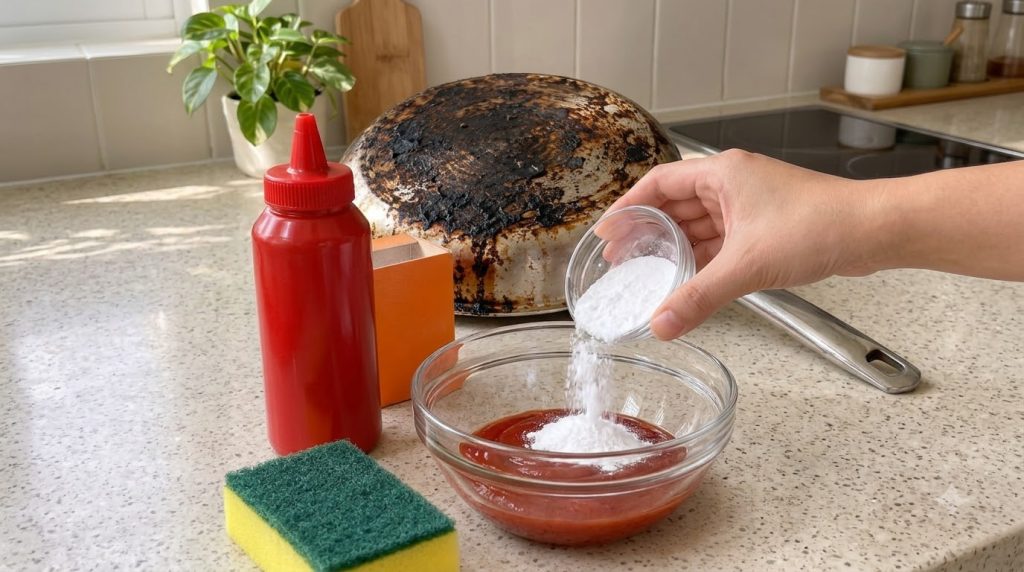 A close-up of a hand pouring white baking soda powder from a small glass bowl into a larger bowl containing red ketchup 