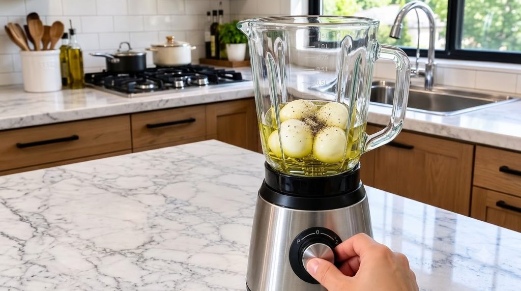 A close-up of a blender on a marble kitchen countertop with four peeled onions submerged in olive oil seasoned with salt