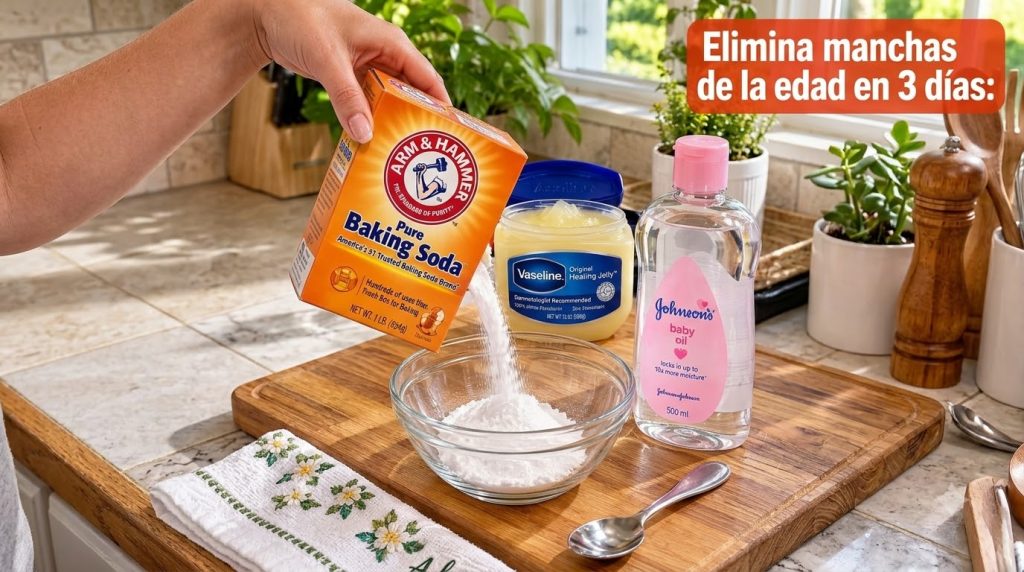 A close-up top-down view of a hand pouring baking soda from an Arm Hammer box into a clear glass bowl with Vaseline Heal
