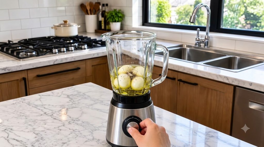 A blender containing four whole peeled eggs submerged in olive oil seasoned with salt and pepper A hand is on the blende