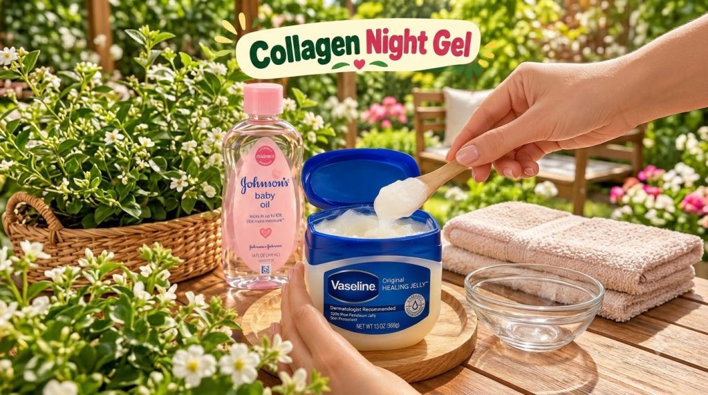 A hand is gently scooping translucent jelly from a small round tub with a wooden spoon Next to it a baby oil bottle refl