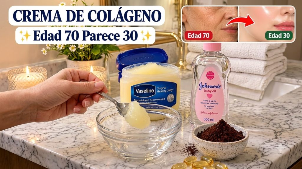 A hand is scooping petroleum jelly from a large tub into a clear glass bowl surrounded by ingredients like baby oil grou