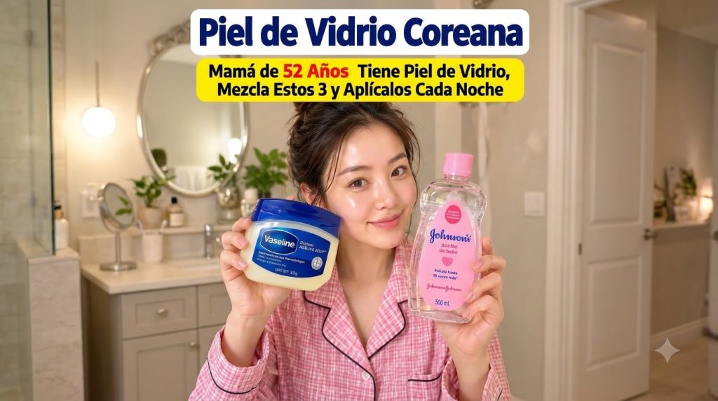 Young East Asian woman with radiant dewy complexion smiling holding Vaseline and Johnson s Baby Oil in pink plaid pajama