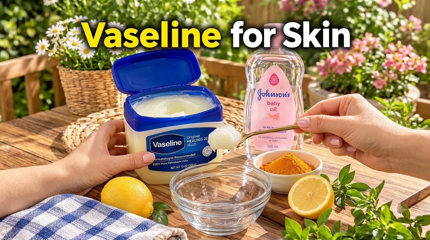 A still life composition on a wooden surface showing an open tub of Vaseline a bottle of baby oil two lemons a bowl of t