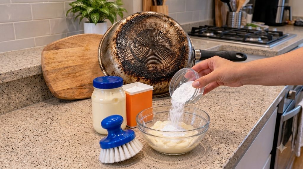 A hand is pouring white baking soda powder from a small glass bowl into a larger bowl containing creamy mayonnaise prepa