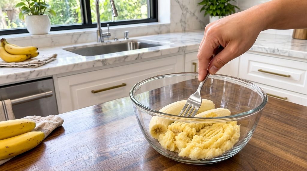 A hand holding a fork mashing ripe bananas in a clear glass bowl on a wooden countertop in a bright kitchen