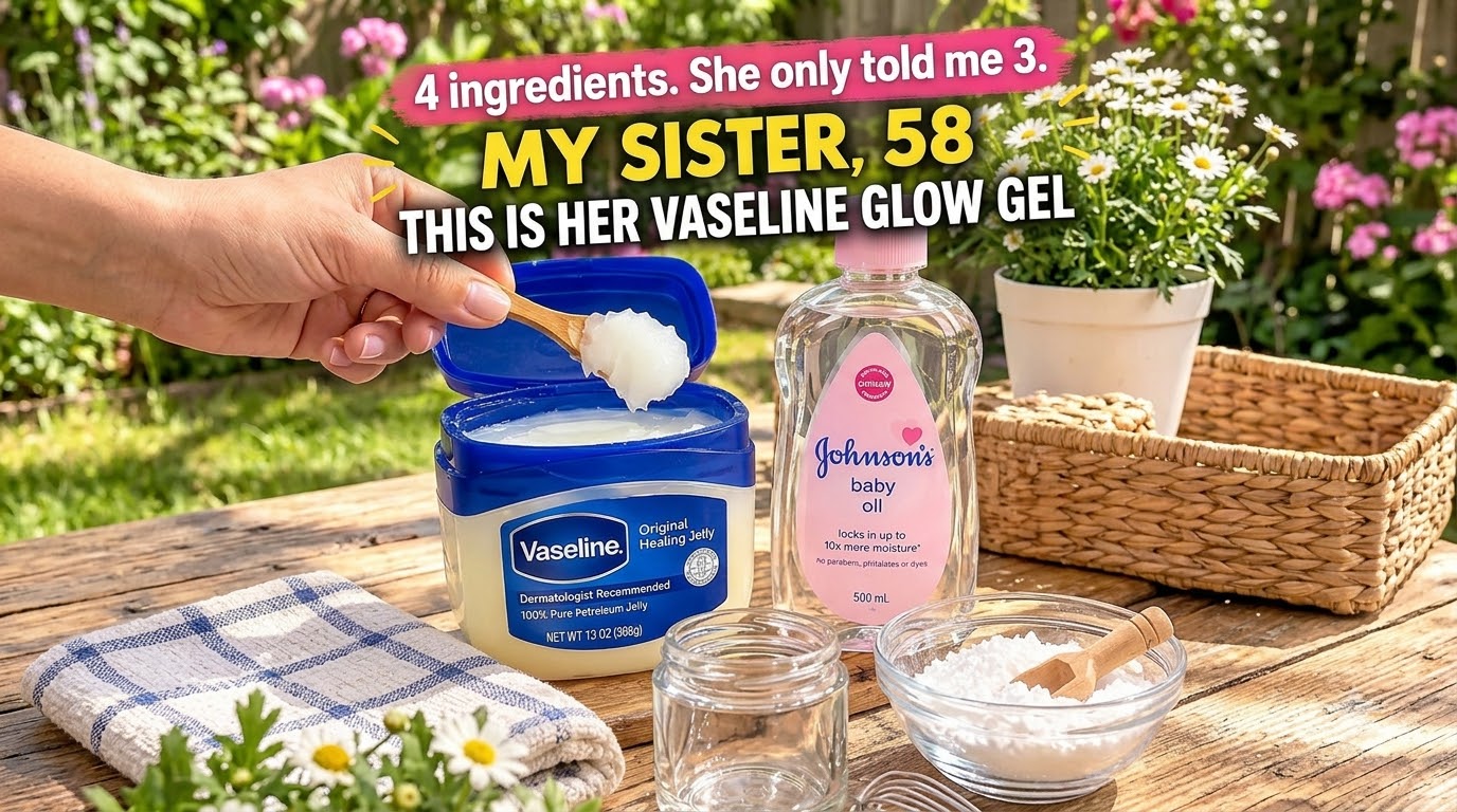 Ingredients for a homemade glow gel on a rustic wooden table a tub of Vaseline a bottle of Johnson s Baby Oil a small bo