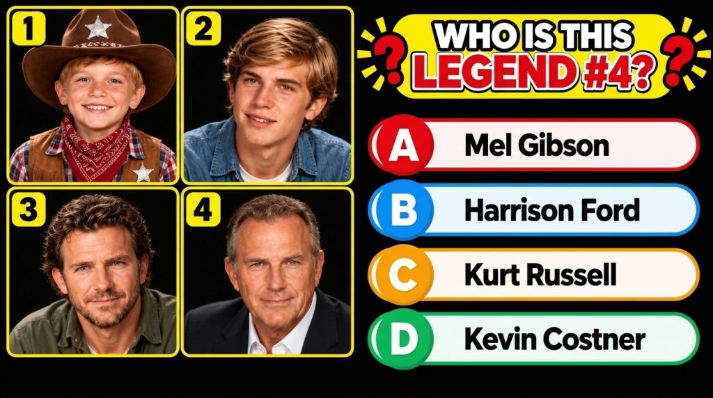 A quiz graphic with four framed portrait headshots of men at the top and a yellow banner asking WHO IS THIS LEGEND 4 Bel
