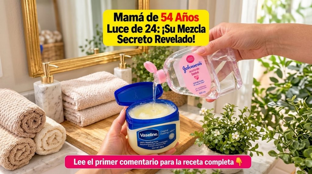 Manos mezclando aceite de bebé Johnson s con vaselina en un tarro abierto en un ambiente de baño