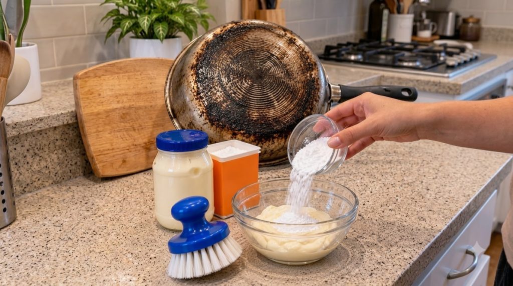 A hand pouring white baking soda powder from a small glass bowl into a larger glass bowl containing thick light-yellow m