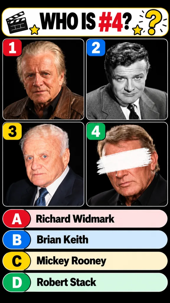A multiple-choice quiz image showing four headshots of older male actors numbered 1-4 with the eyes of actor 4 obscured 