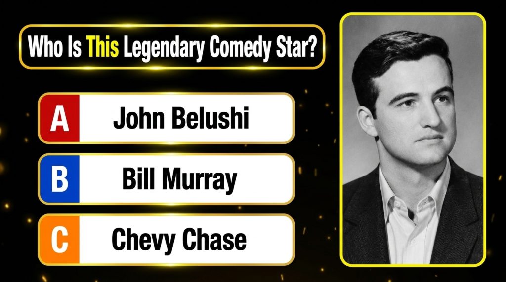 A black and white portrait of a young John Belushi with a quiz question Who Is This Legendary Comedy Star and three mult