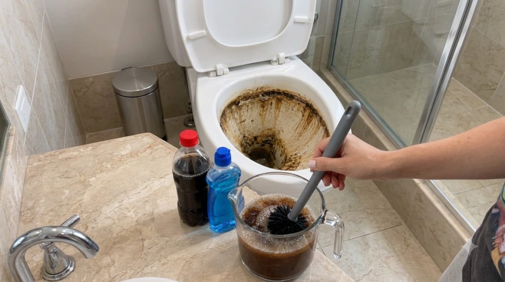 A severely stained toilet bowl with its seat raised contrasting with a collection of cleaning items on a marble countert