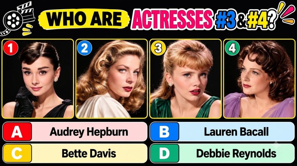 A multiple-choice quiz image featuring a captivating headshot of Audrey Hepburn with the question Can you identify this 