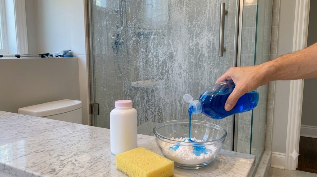 A hand pouring blue dish soap into a bowl of white powder likely cornstarch or baby powder on a marble countertop A yell