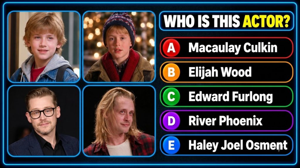 A multiple-choice quiz image featuring four headshots of a celebrity at different ages with options A B C D below