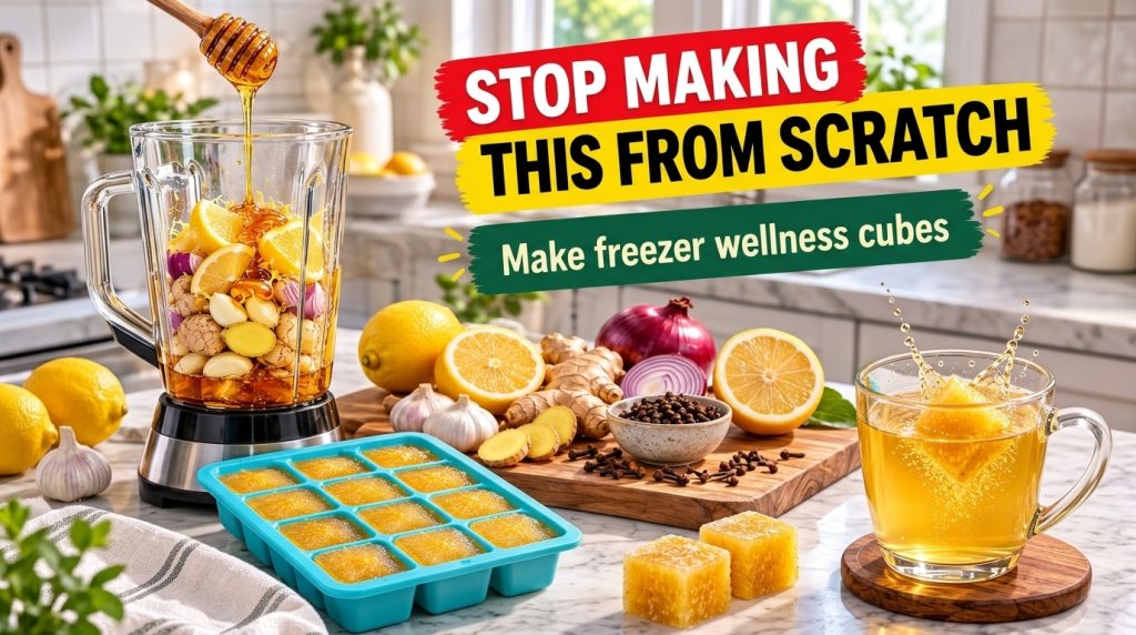 A vibrant kitchen scene featuring a blender filled with lemons ginger and honey with finished golden wellness cubes in a
