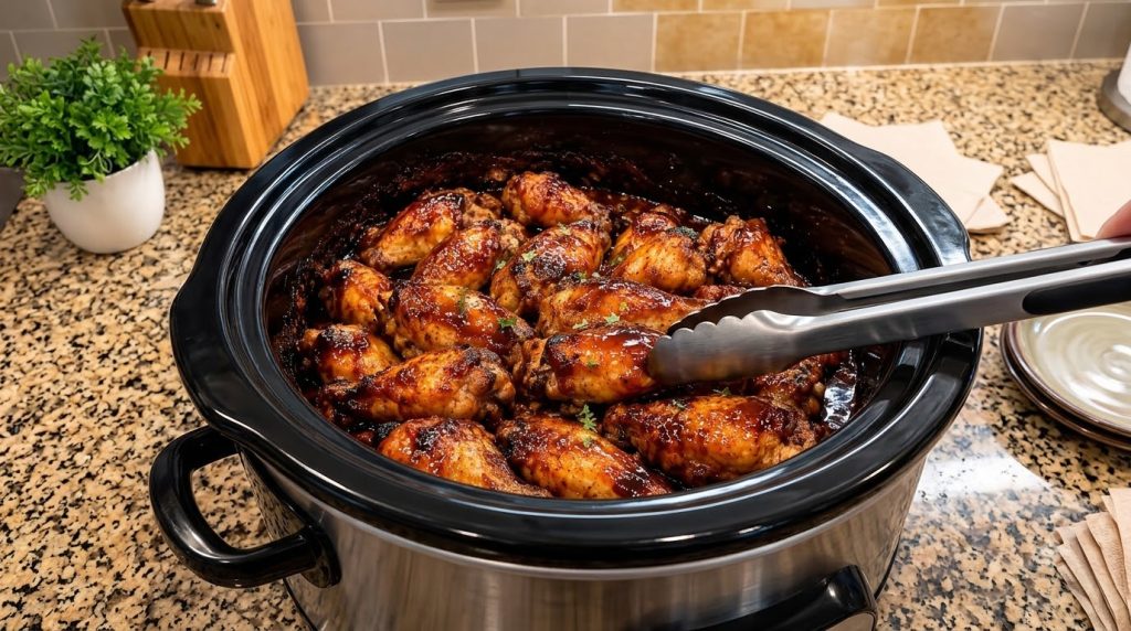 A close-up overhead view of a black slow cooker brimming with deeply glazed chicken wings and drumettes coated in a rich