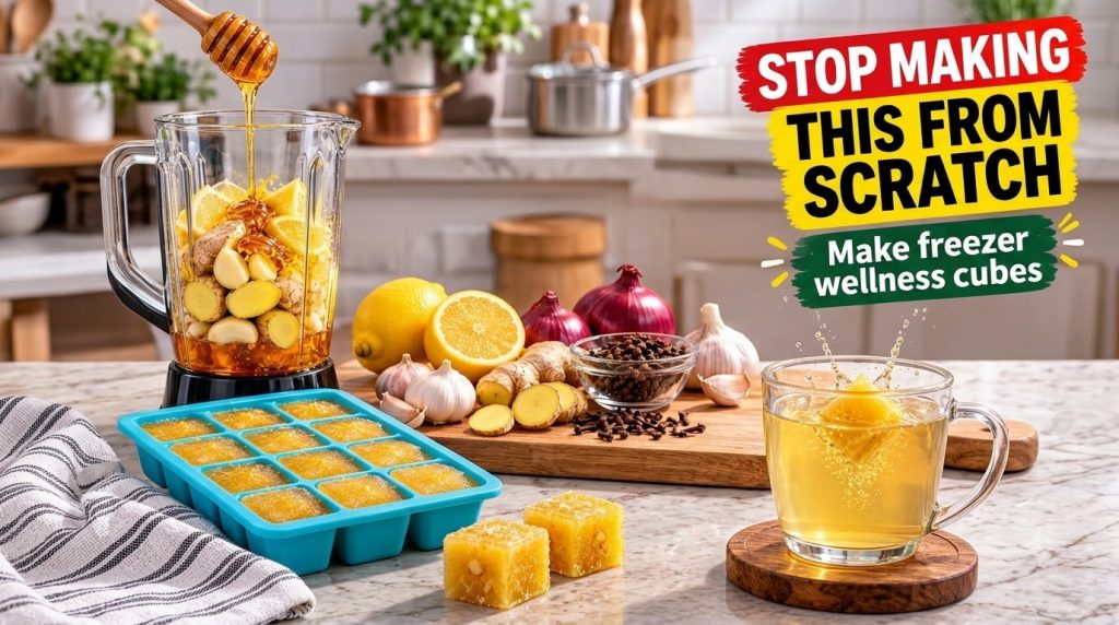 A vibrant kitchen scene showing fresh lemons ginger garlic and honey being prepared A blender contains some blended ingr