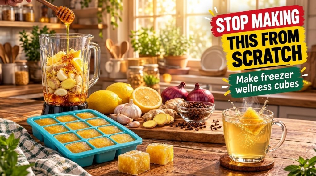 A blender filled with lemons ginger and garlic with honey being poured in Fresh ingredients are scattered on a wooden su