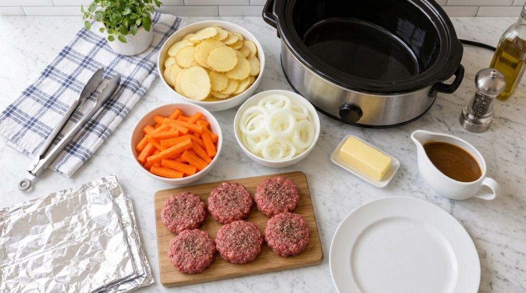 A close-up of a cooked hamburger steak in a foil packet topped with gravy with a side of mashed potatoes