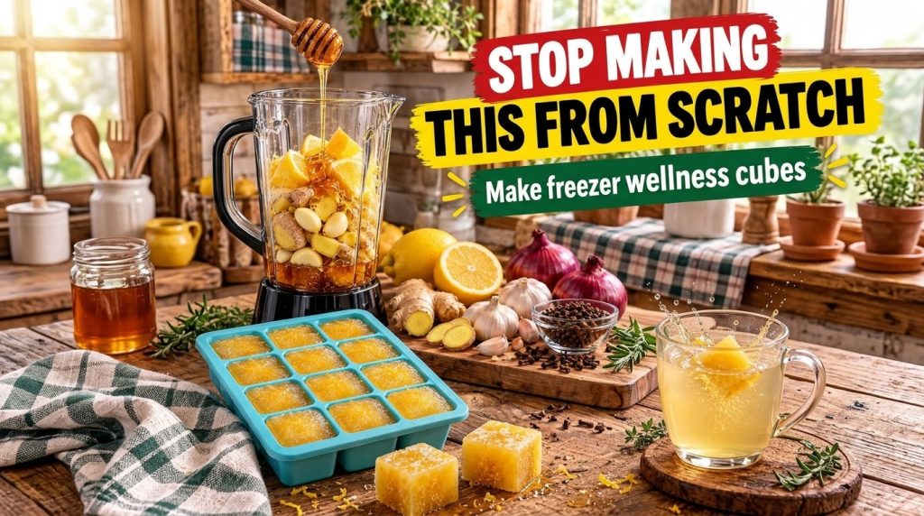 A vibrant warm-toned arrangement of ingredients including lemon slices ginger garlic and honey with a blender an ice cub
