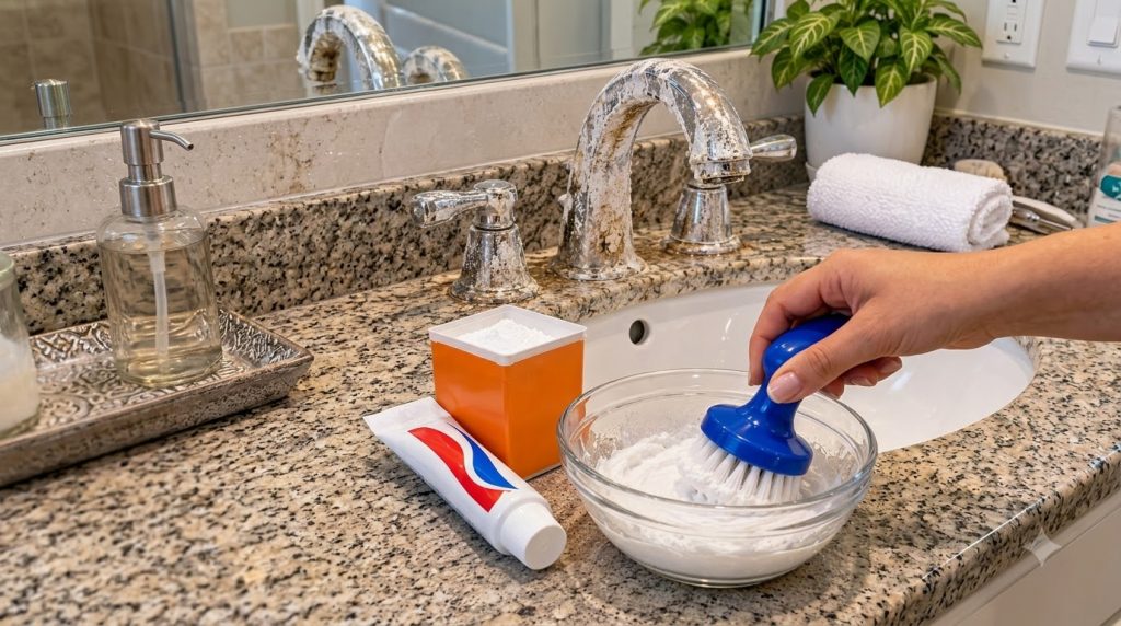 A heavily calcified chrome bathroom faucet In the foreground a hand holds a blue brush stirring a white paste in a clear