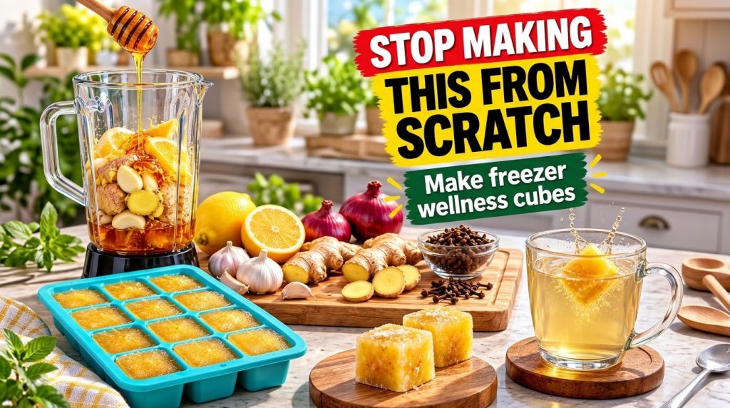 A vibrant still life featuring a blender being filled with honey ginger lemons and garlic next to a blue ice cube tray h