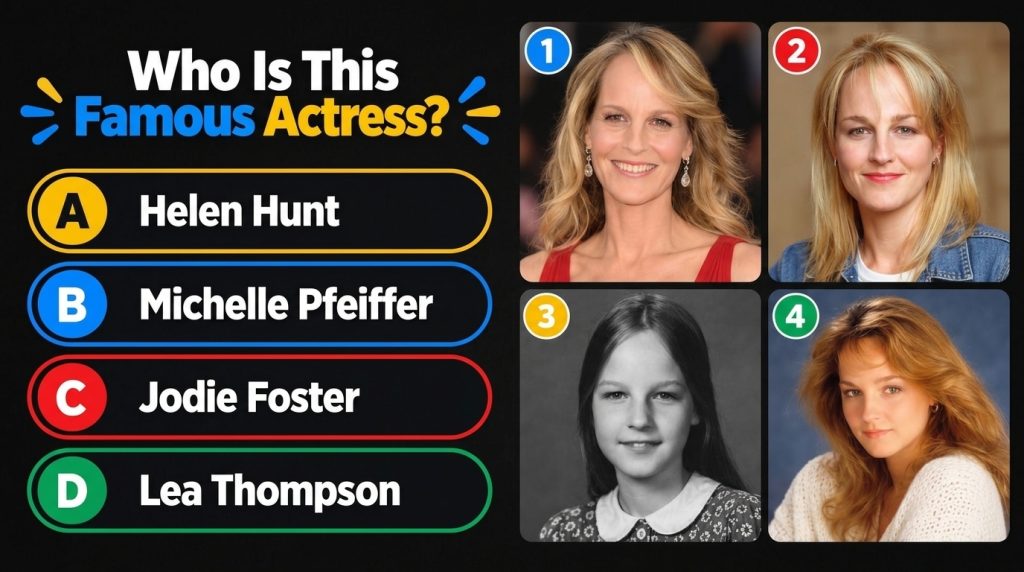 A multiple-choice quiz image titled Who Is This Famous Actress showing four portraits of Helen Hunt at different stages 