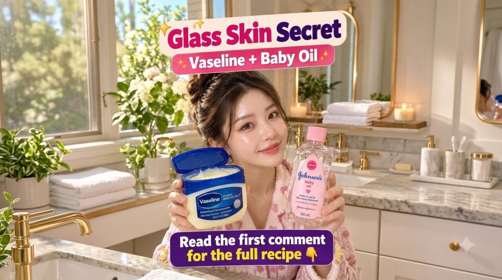 A smiling woman with radiant glass skin holds an open tub of Vaseline and a bottle of Johnson s Baby Oil in a well-lit b