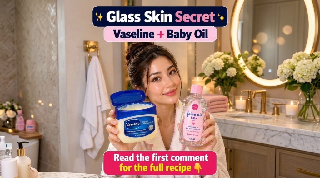 A smiling woman in a bathrobe presenting a tub of Vaseline and a bottle of Johnson s Baby Oil with dewy glass skin effec