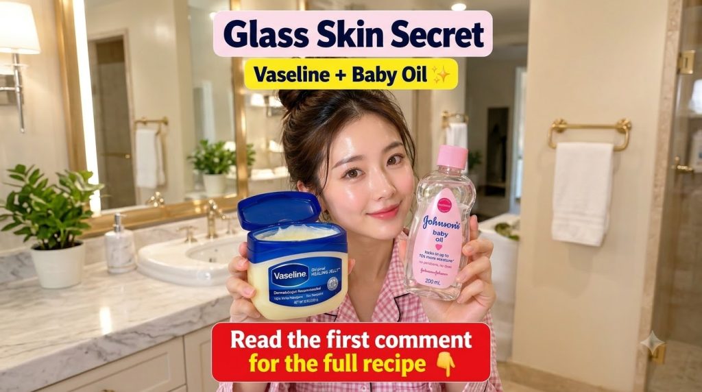 A smiling young woman holding an open jar of Vaseline Healing Jelly and a bottle of Johnson s Baby Oil with a glass skin
