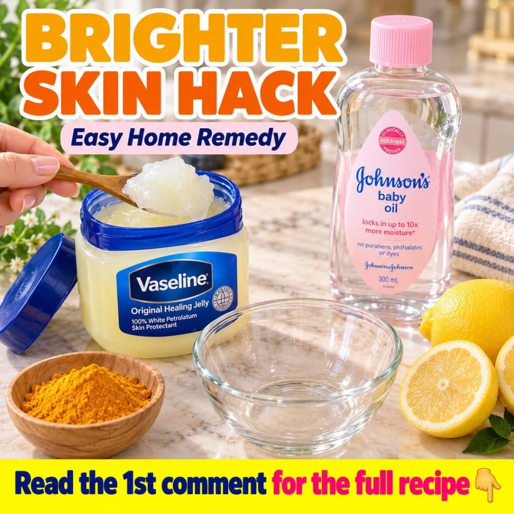 A flat lay of Vaseline baby oil sliced lemons and turmeric powder with a hand scooping Vaseline into a mixing bowl