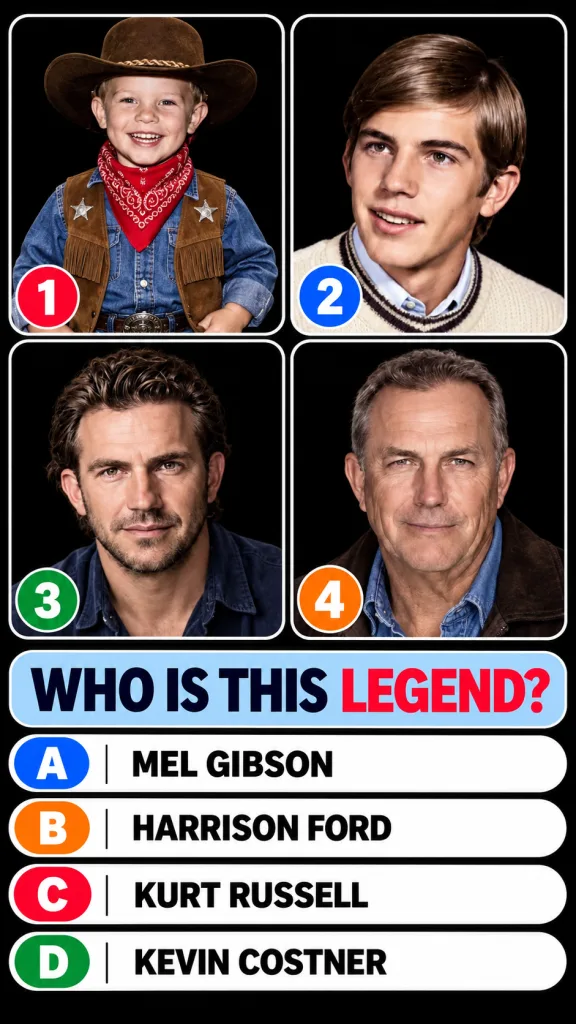 A vertical quiz layout showing four portrait photographs of Kevin Costner at different stages of his life from a young c