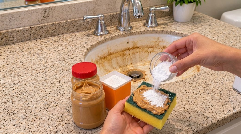 Close-up of hands applying peanut butter and then sprinkling baking soda onto a sponge preparing a cleaning mixture over