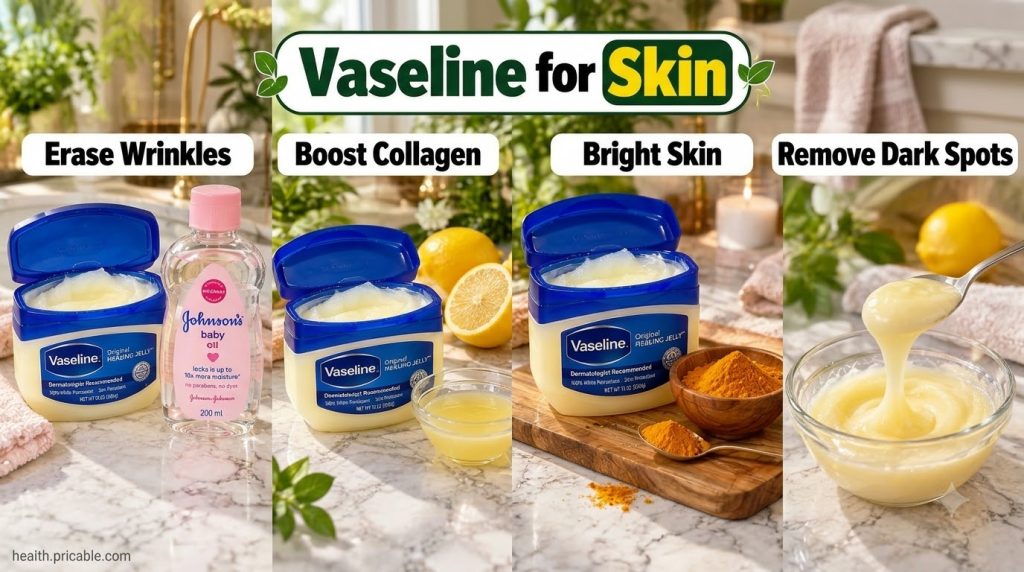 A 2x2 grid showing four different DIY Vaseline skincare blends one with baby oil one with turmeric powder one with lemon