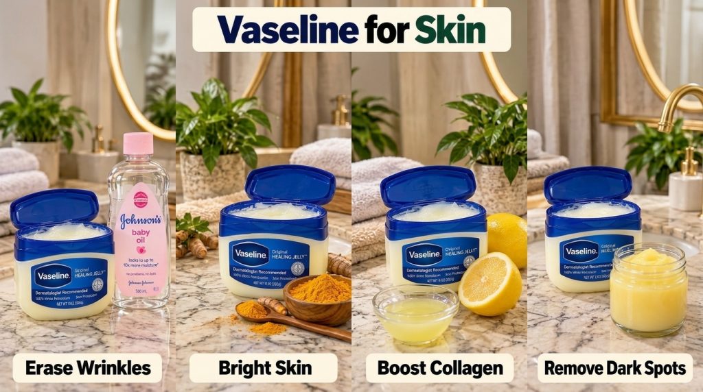 A 2x2 grid showing four DIY Vaseline skin remedies one with baby oil and Vaseline for wrinkles one with turmeric and Vas