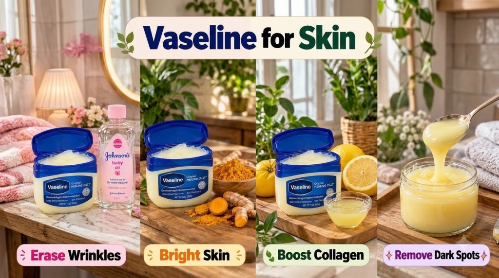 A 2x2 grid showing a jar of Vaseline in each quadrant paired with different natural ingredients like lemon turmeric and 
