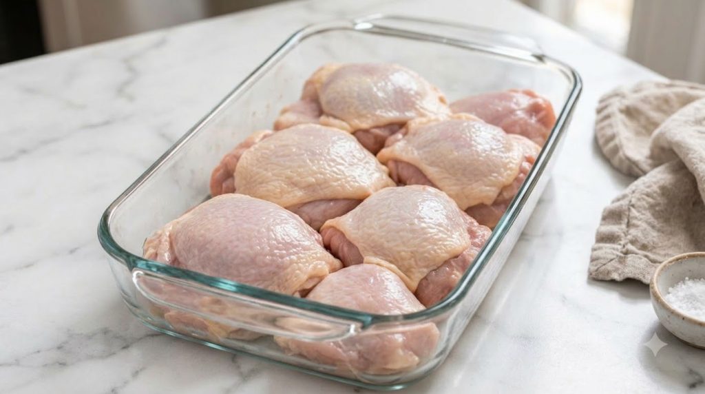 A close-up of beautifully seared lemon garlic chicken thighs with crispy skin glistening with pan sauce in a rustic cast