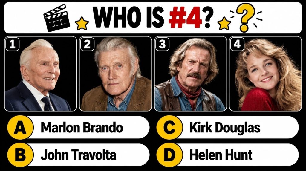 A multiple-choice quiz layout with four black and white celebrity portraits and answer options below