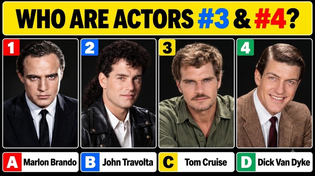 A celebrity identification quiz showing four headshots of male actors in a 2x2 grid with multiple-choice options below T