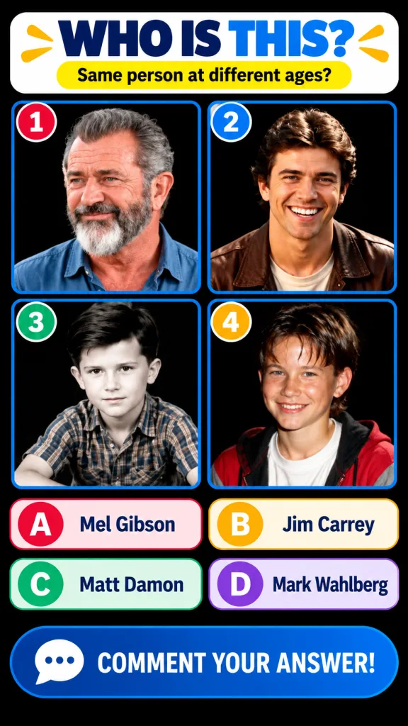 Four headshots of Mel Gibson at different ages arranged in a 2x2 grid with a quiz question above and multiple-choice opt